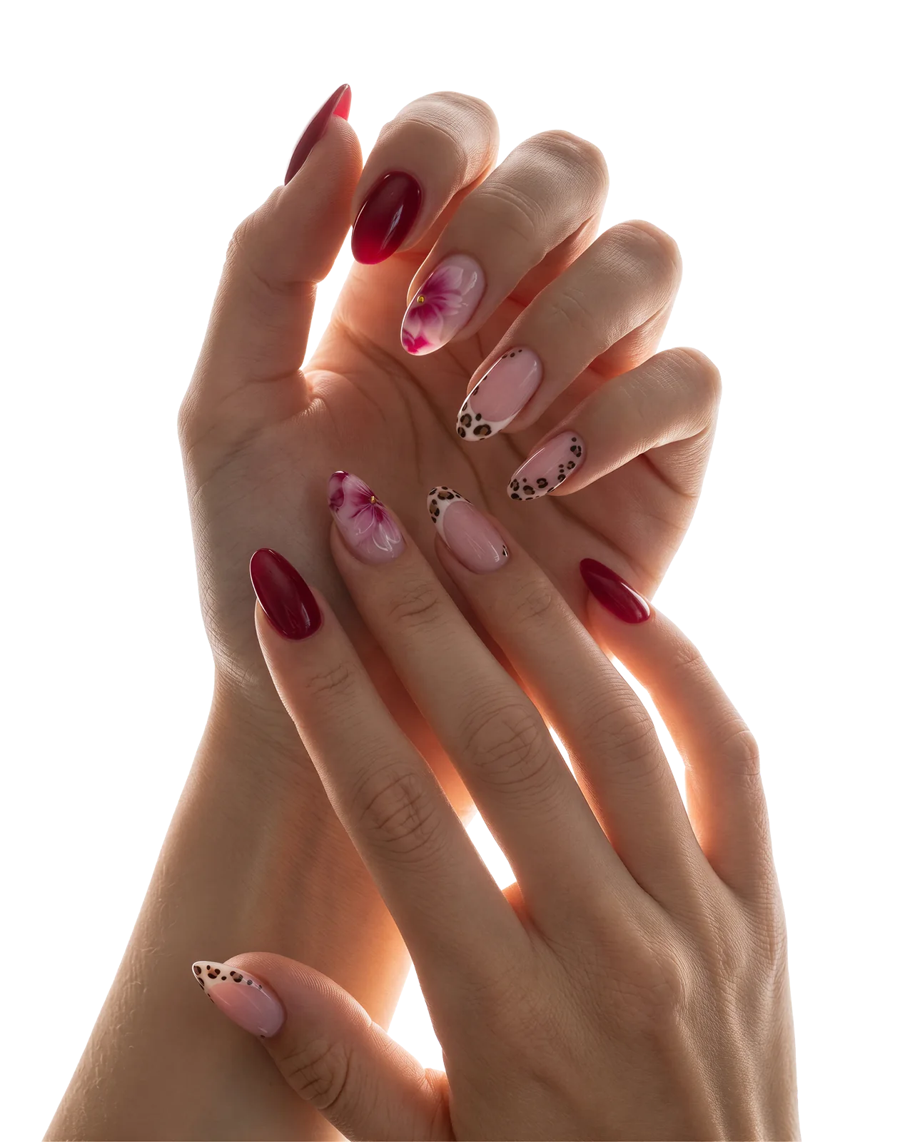 Rouge profond, marbré rose et pointes léopard